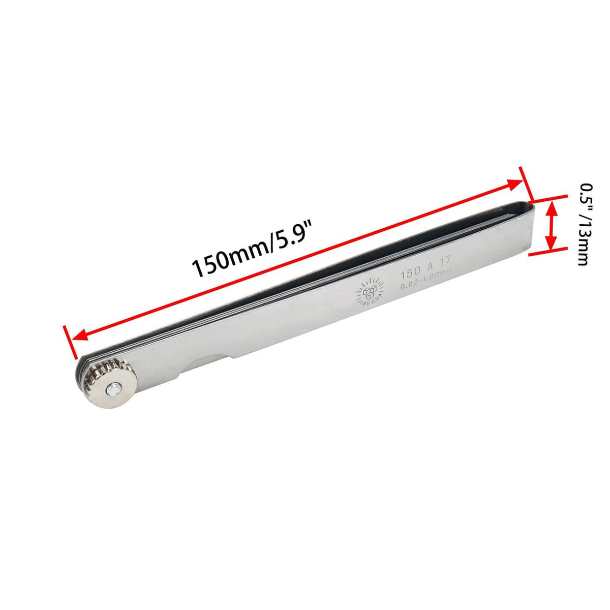 Metal feeler gauge tool, 150 mm length, with labeled blade thickness range