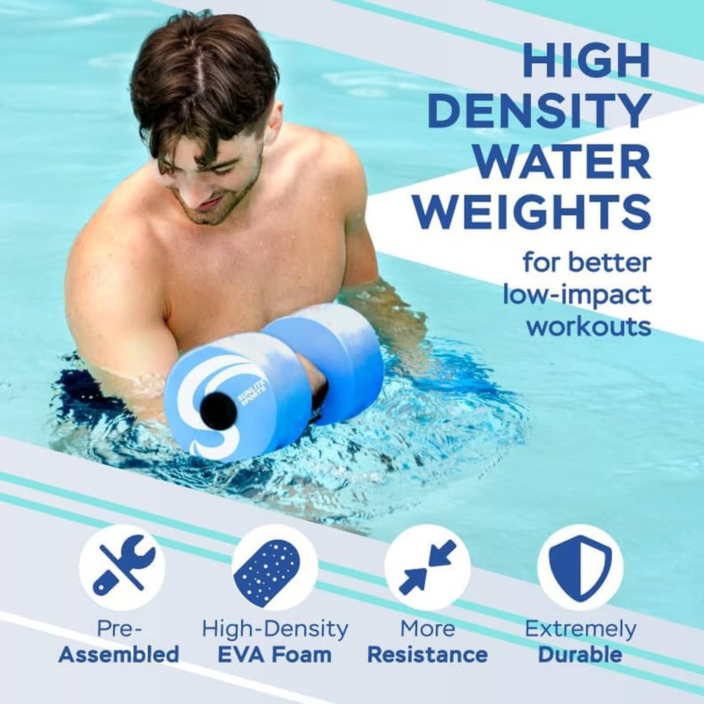 Blue high-density water dumbbells with black grip handles for low-impact training