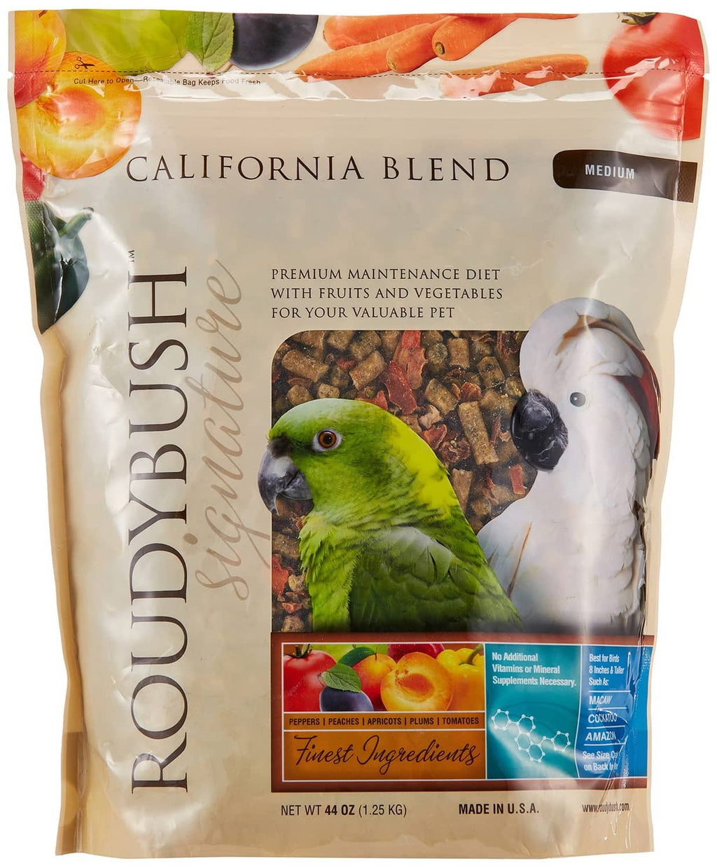 Roudybush California Blend bird food pouch, medium size, with colorful seed image