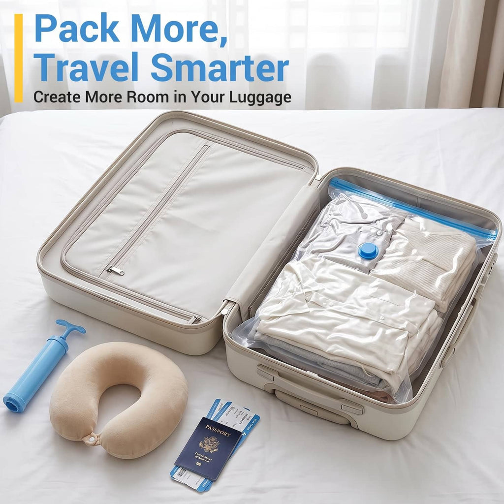 Vacuum storage bags in a travel suitcase with blue hand pump for space-saving packing