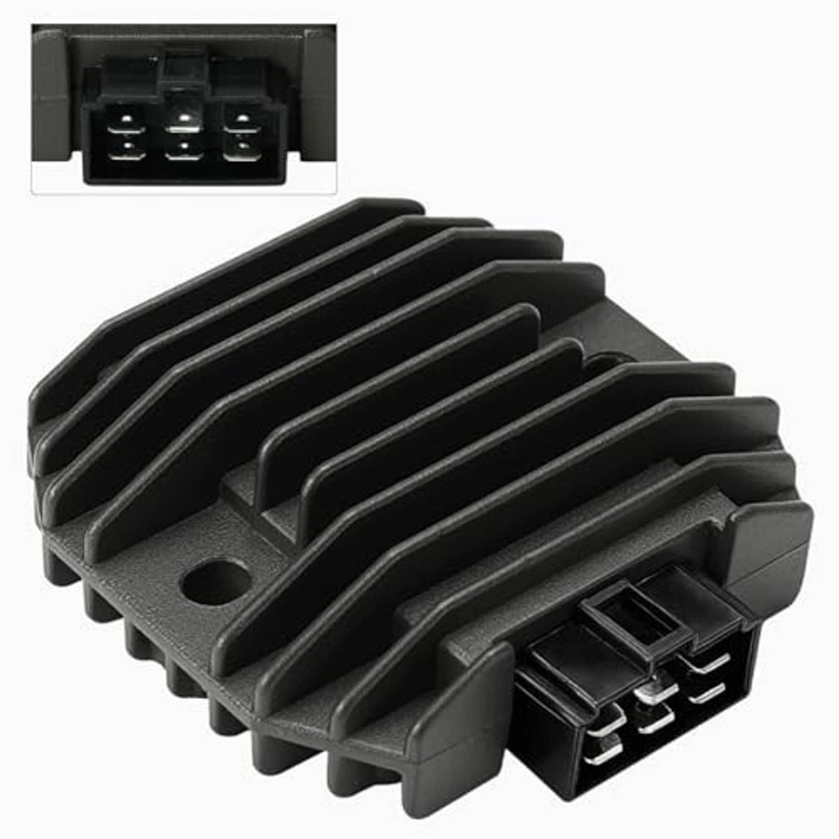 Black voltage regulator rectifier with finned heatsink and side multi-pin connector