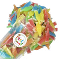 Wax bottle-shaped candies, assorted pastel colors in a clear bag