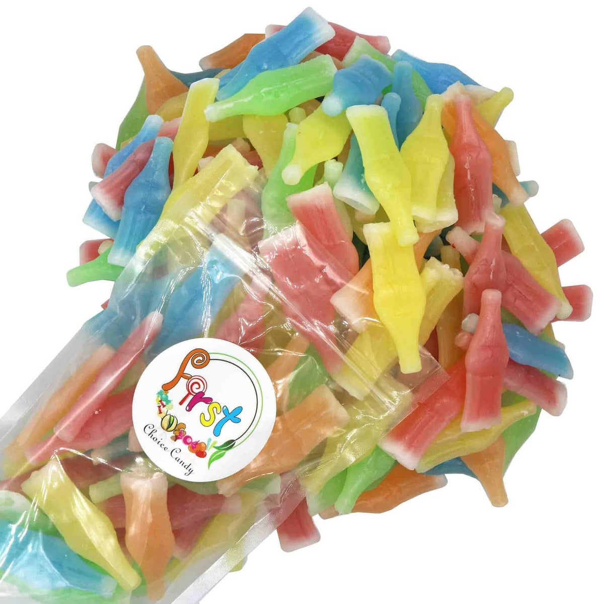Wax bottle-shaped candies, assorted pastel colors in a clear bag