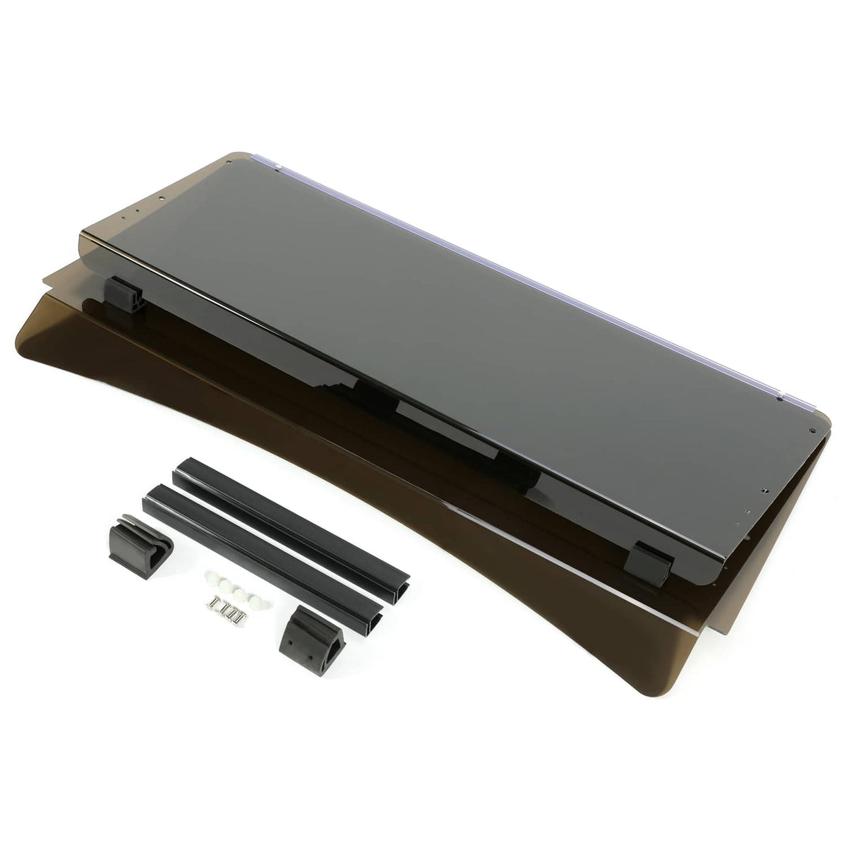 Tinted folding windscreen panel with hardware pieces beside it