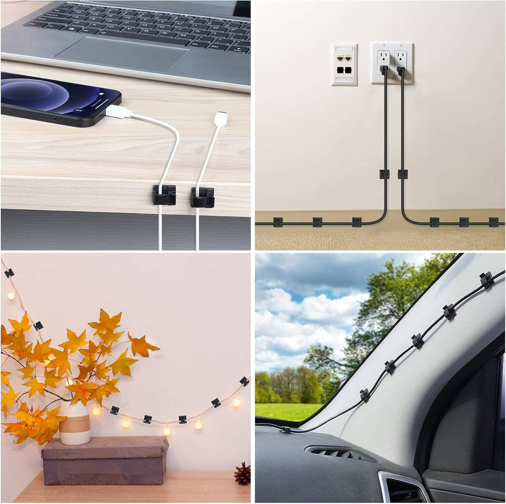 Adhesive cable clips securing computer and indoor/outdoor power cords