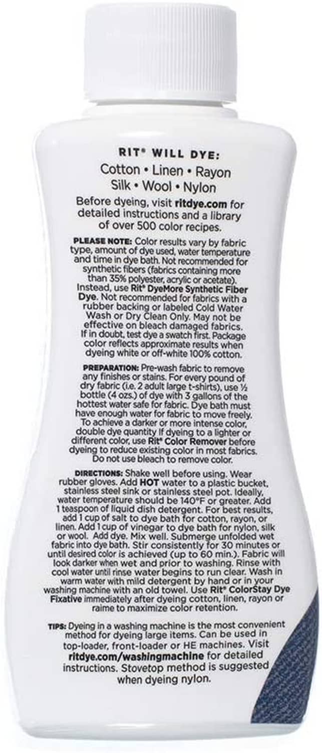 All-purpose liquid fabric dye bottle with back label text, black azabache, with gloves