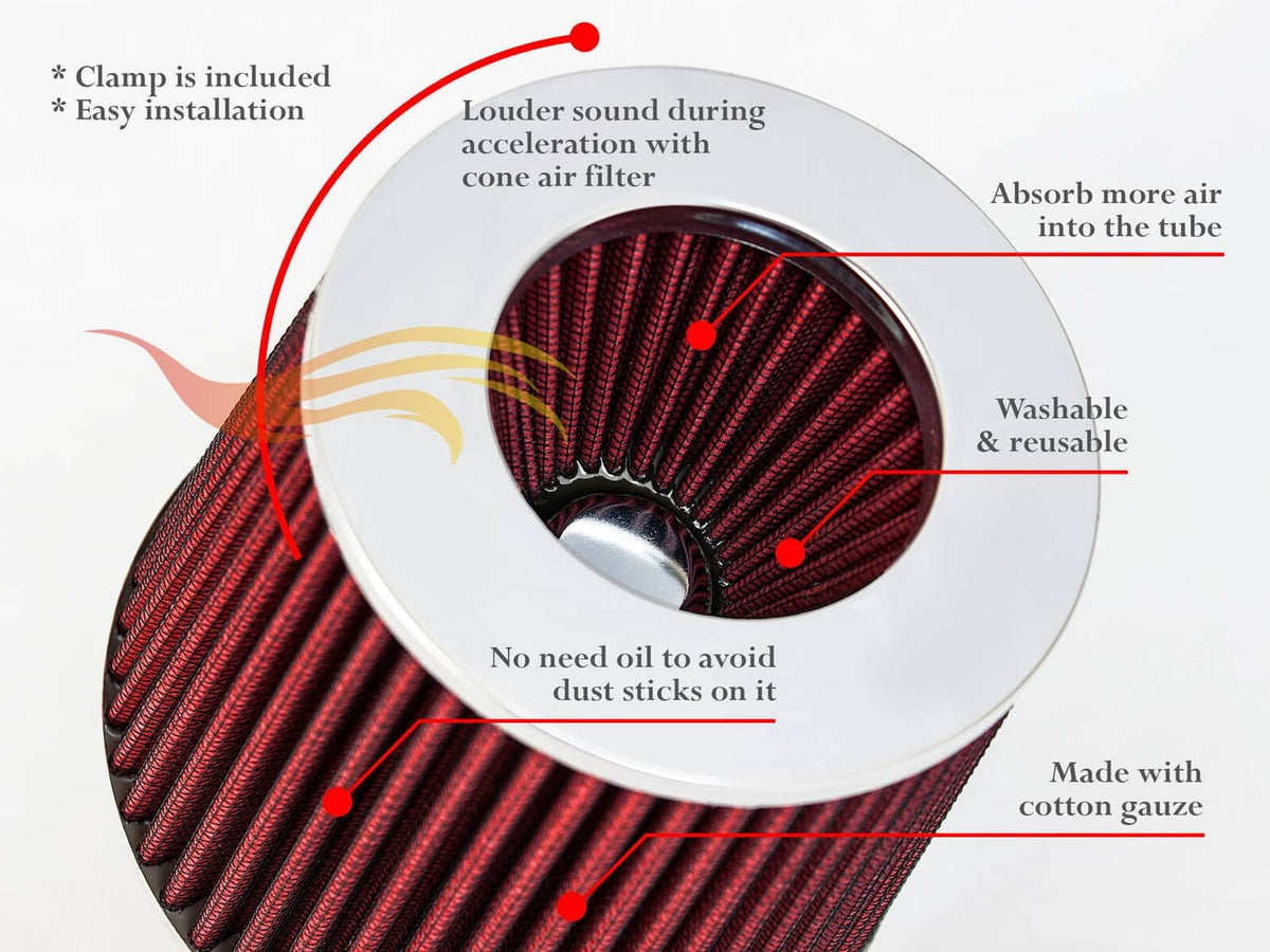 Cone air filter with red pleated element inside round heat shield housing