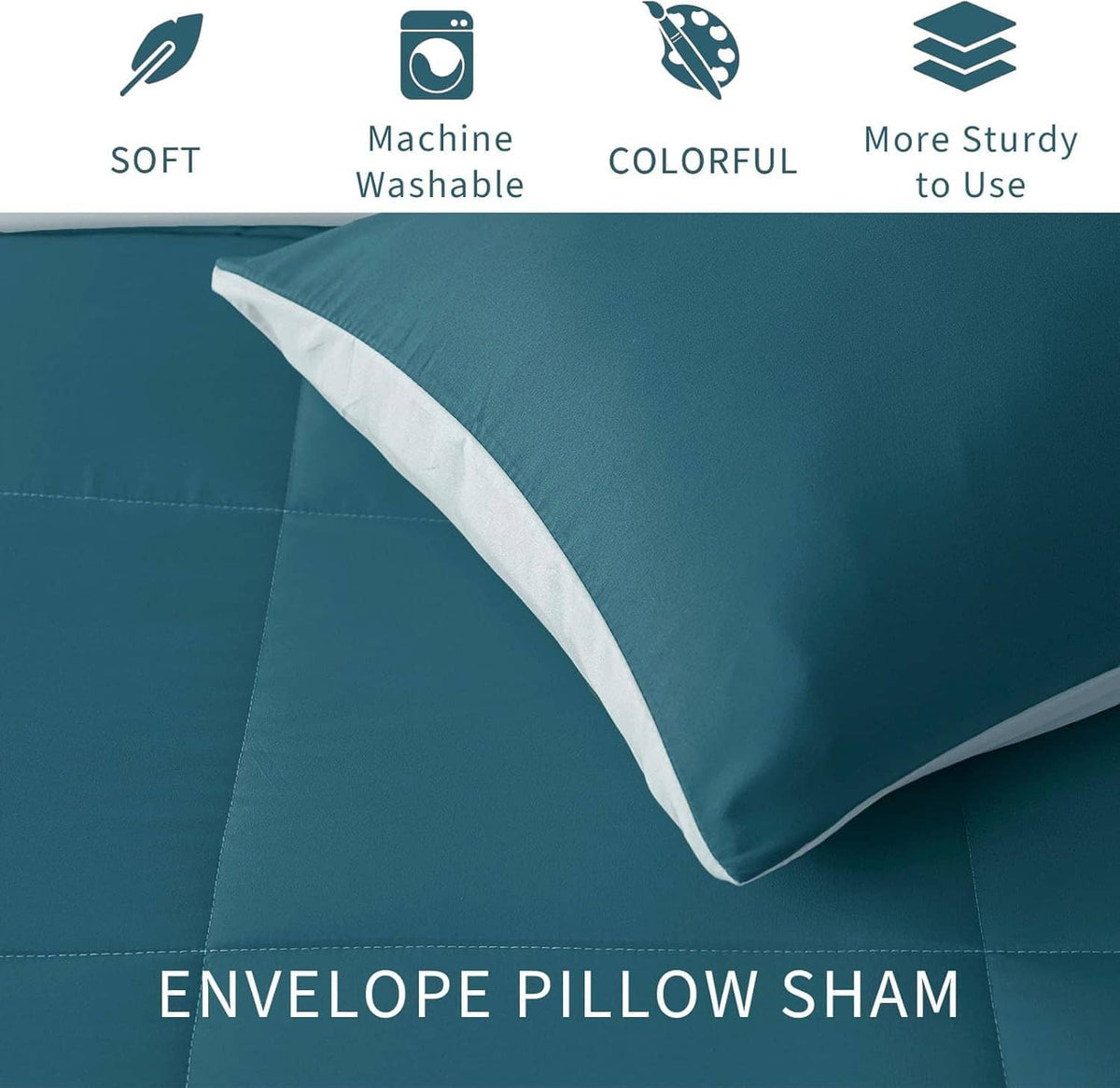 Envelope pillow sham with teal front and light-blue reverse, shown with reversible comforter