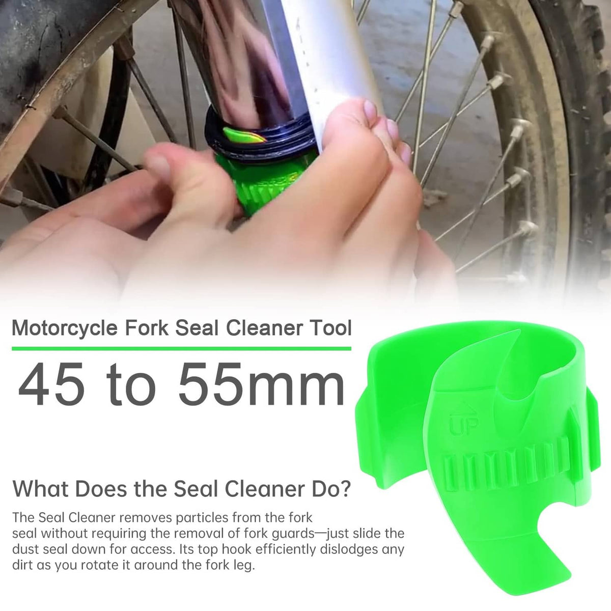 Hand installing green motorcycle fork seal cleaner tool on front fork tube