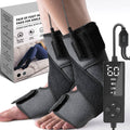 Gray ankle heating pads with velcro straps, worn on feet with wired controller