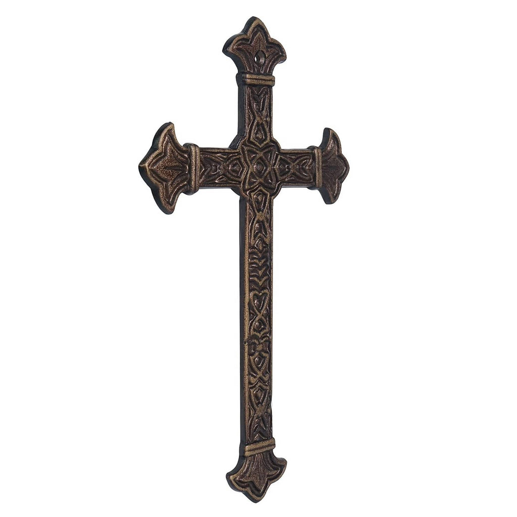 Antique metal Christian wall cross with engraved pattern and decorative arrow ends
