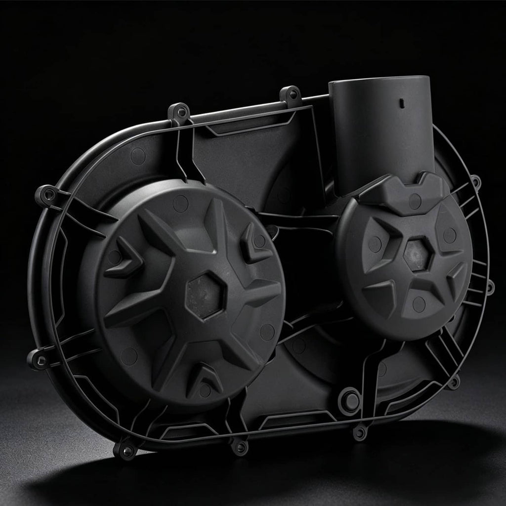 Outer clutch cover for UTV, dark gray/black dual circular fan-like guards with mounts