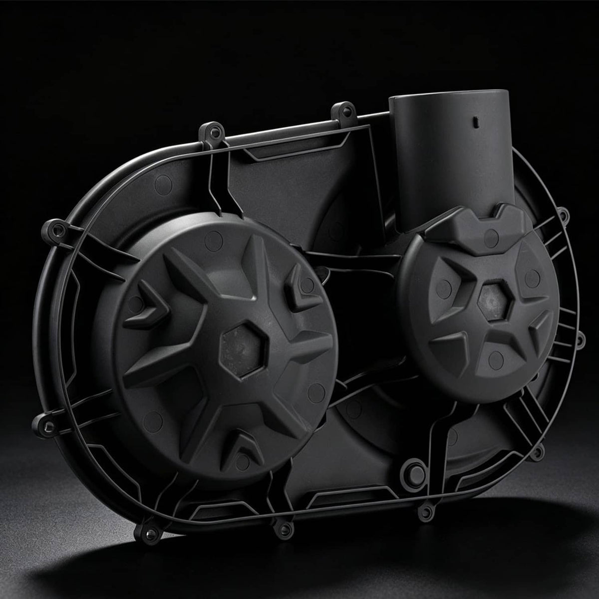 Outer clutch cover for UTV, dark gray/black dual circular fan-like guards with mounts