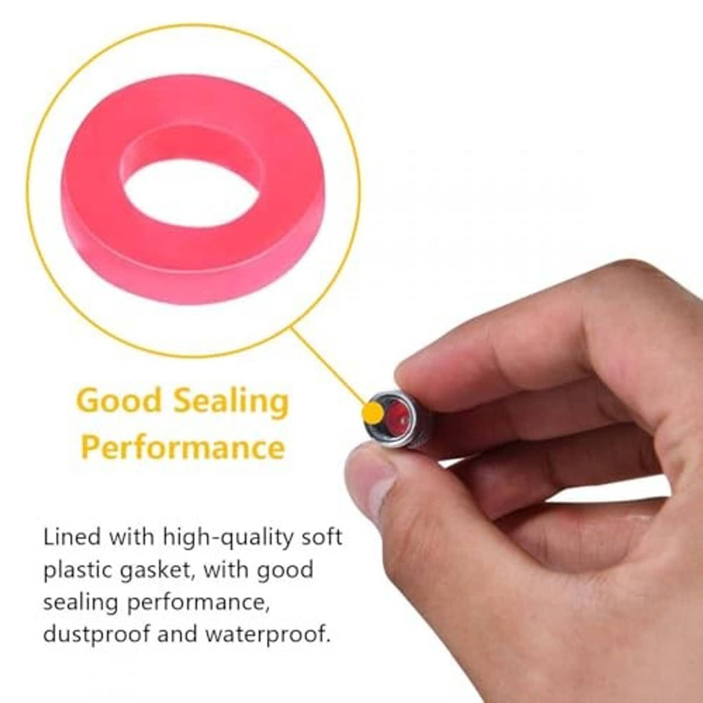 Tire valve stem cap with soft gasket sealing ring shown for secure fit