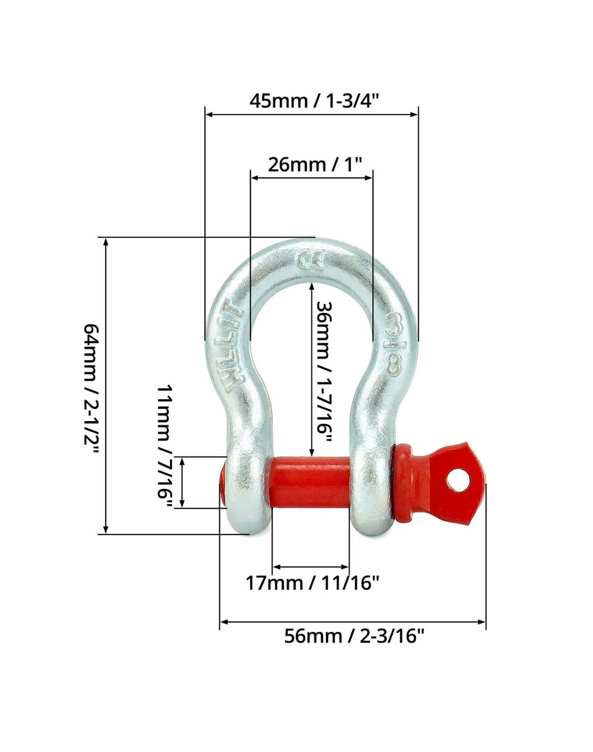 Galvanized screw pin anchor shackle with red pin, labeled dimension diagram