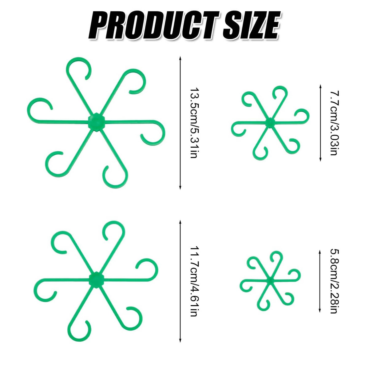 Green plant stem support set shown with hook sizes and dimensions diagram