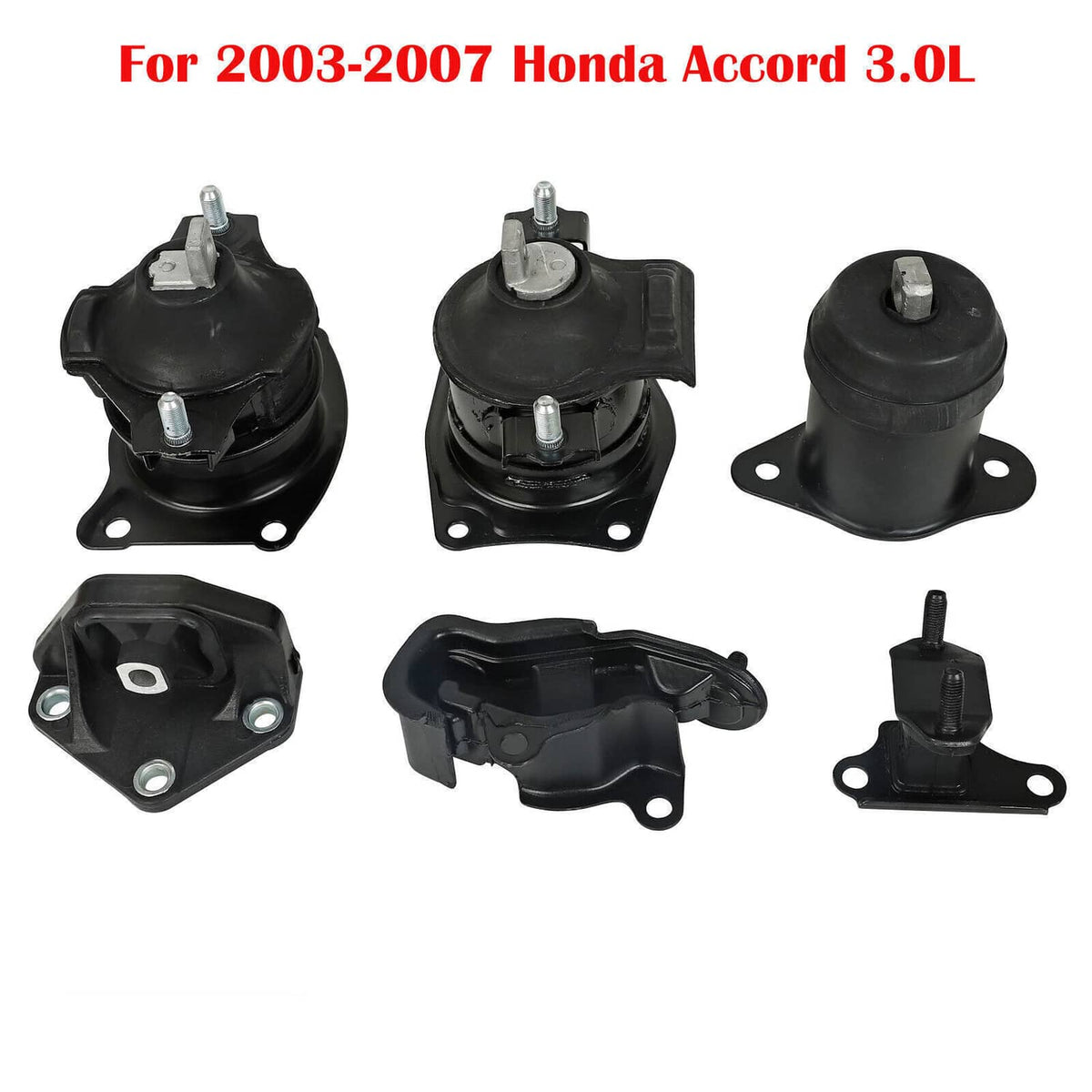 Set of six black engine motor mounts with rubber isolators and metal brackets