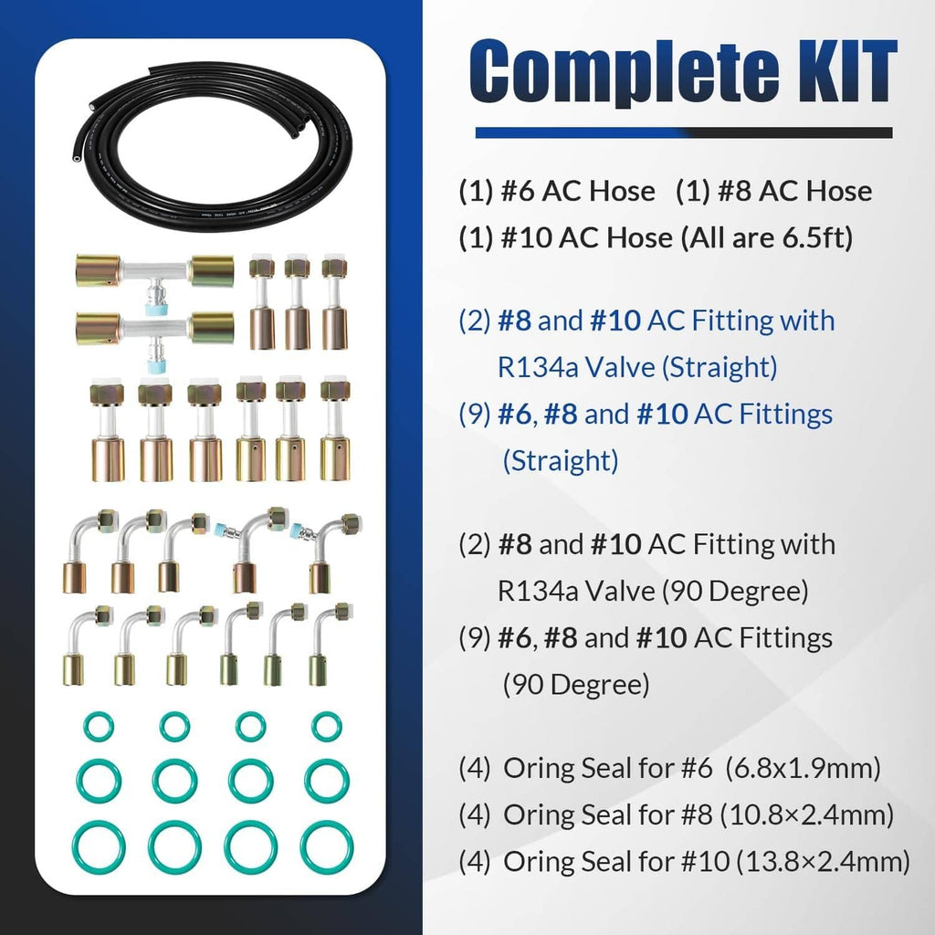 Complete A/C hose kit with coiled black hoses, crimp fittings, and green O-ring seals