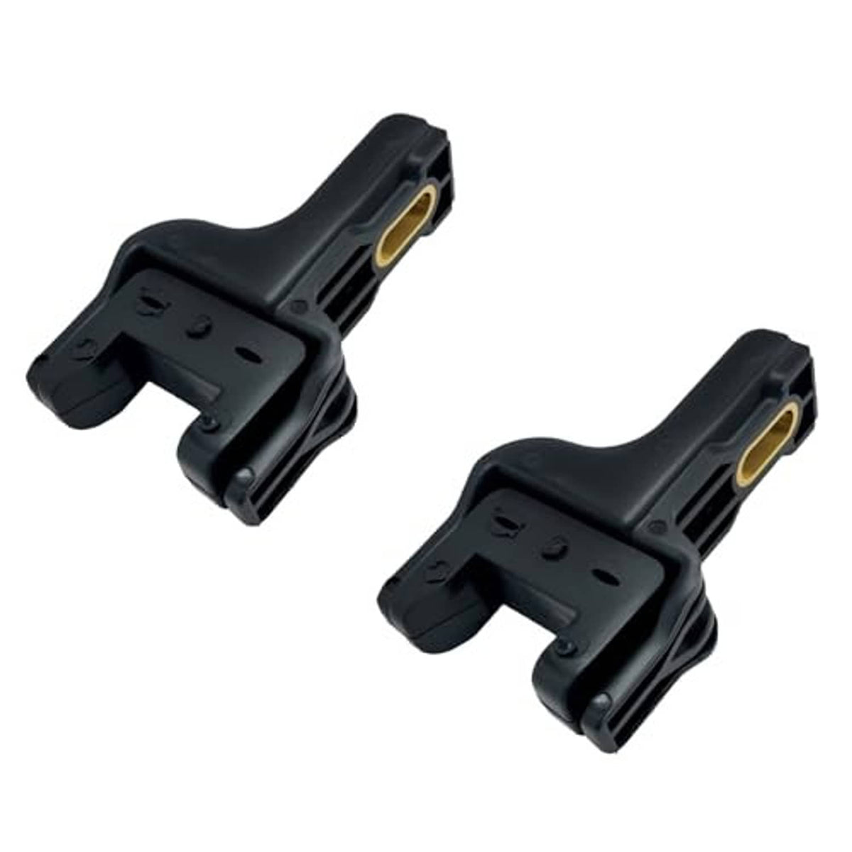 2-pack upper radiator bracket insulator clips, black plastic with side gold/yellow ports