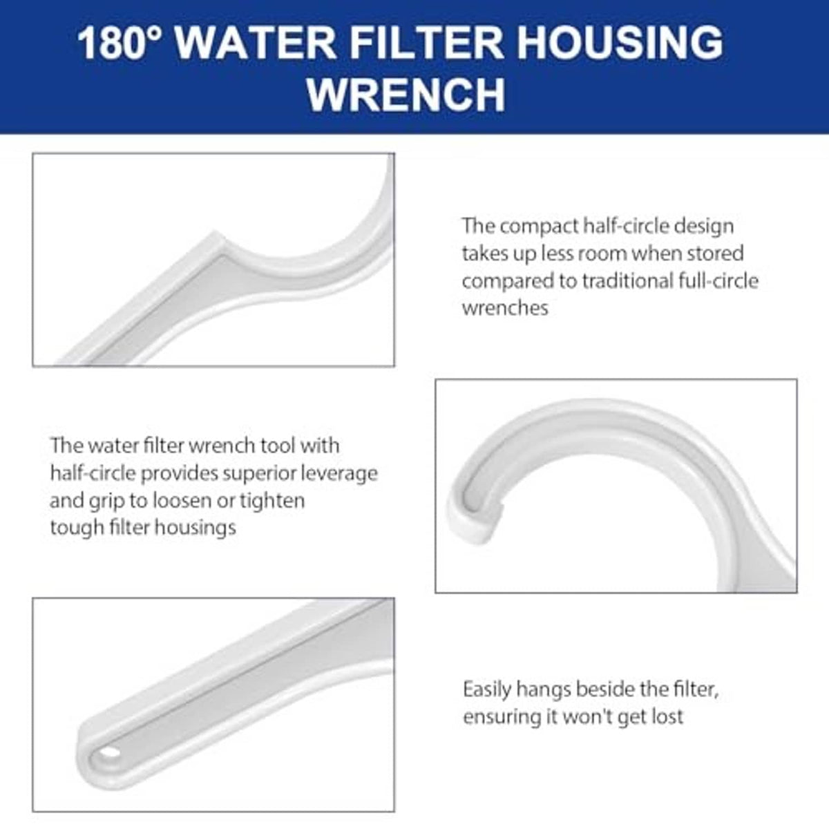 White 180° half-circle water filter housing wrench tool