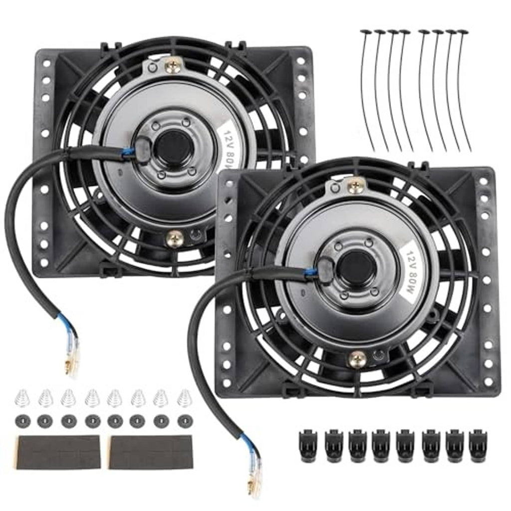 Universal 12V radiator cooling fans kit with two black slim pull fans, cables, and hardware