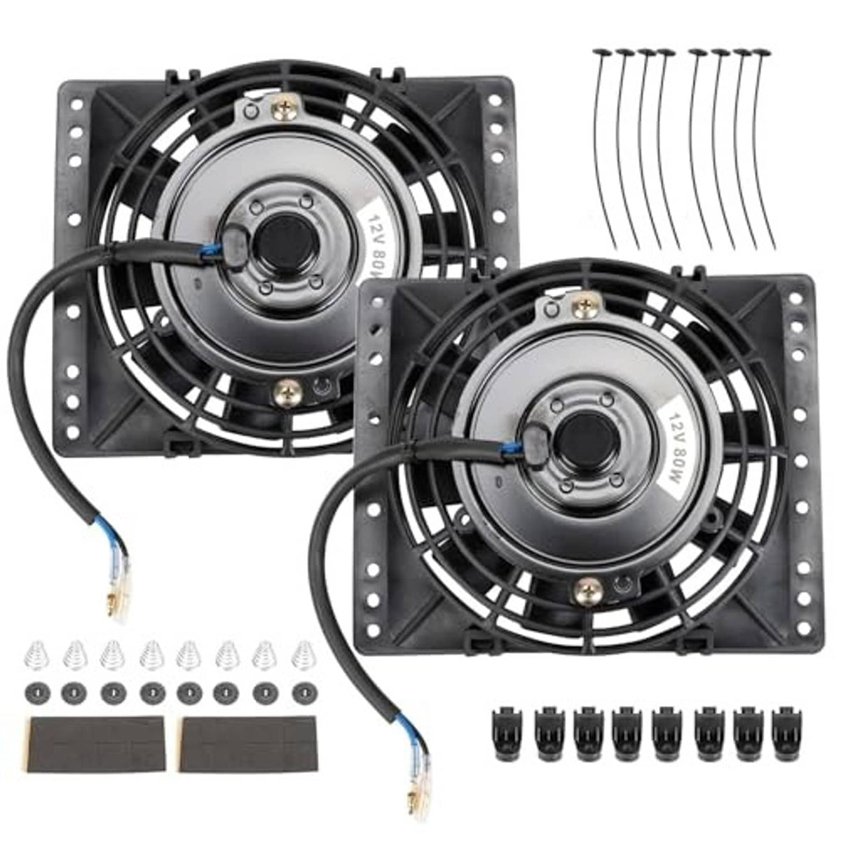 Universal 12V radiator cooling fans kit with two black slim pull fans, cables, and hardware