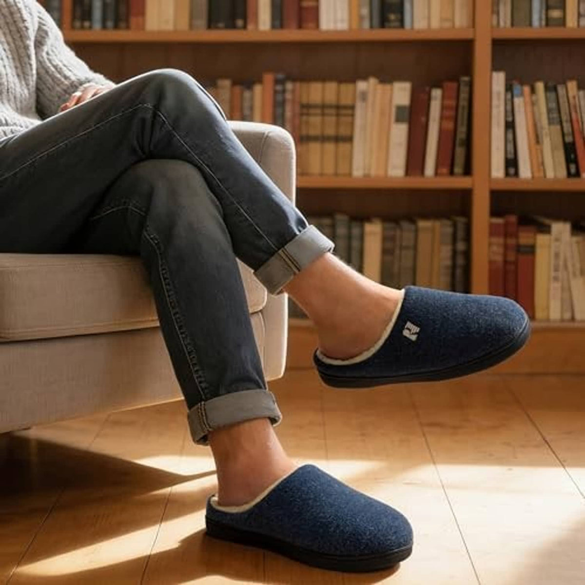Navy blue sherpa-lined clog slippers worn with jeans and rubber sole