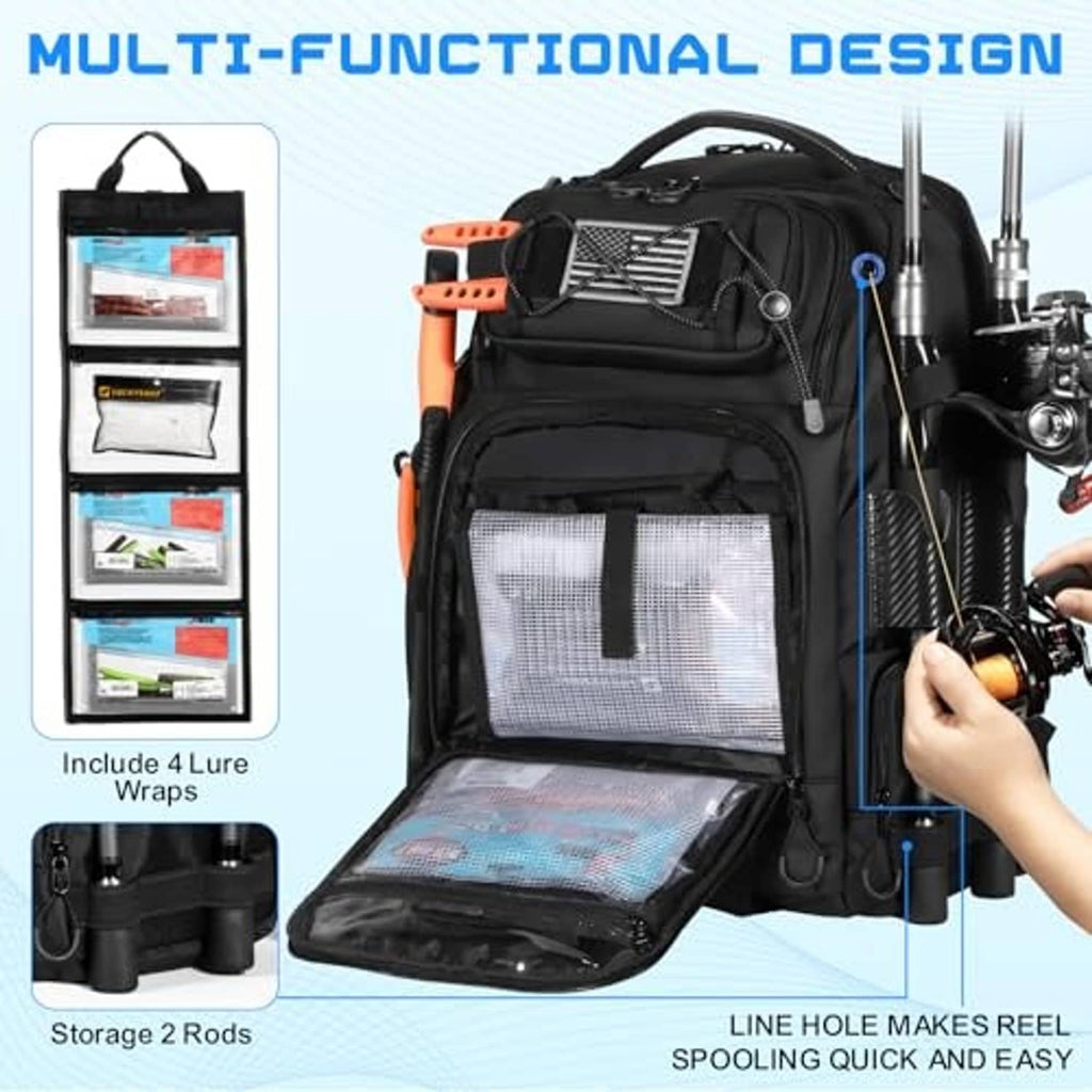 Black multi-compartment fishing backpack with clear mesh panel and rod storage sleeves.