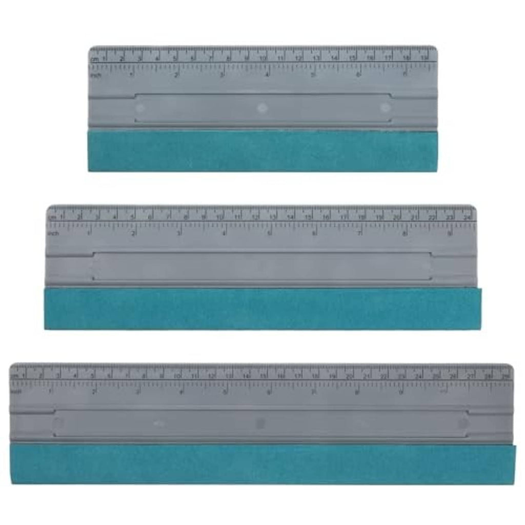 Vinyl squeegee tool set of three with gray measurement ruler and teal felt pads
