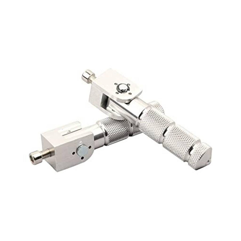 Silver folding motorcycle foot pegs, angled view with knurled bars and hardware