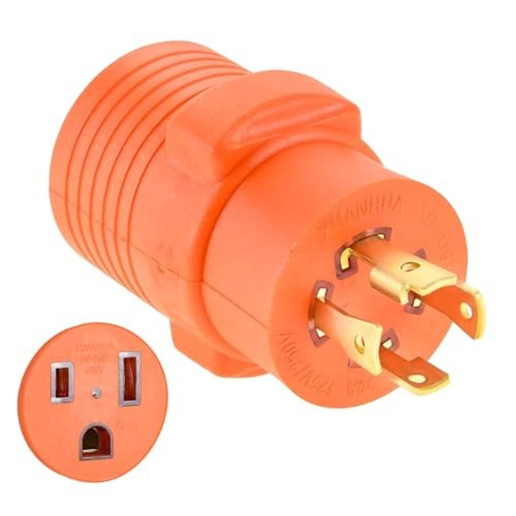 Orange generator welder adapter plug with brass prongs and twist-lock style connector