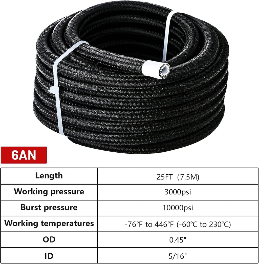 PTFE fuel hose kit coil with 6AN marking and spec table overlay