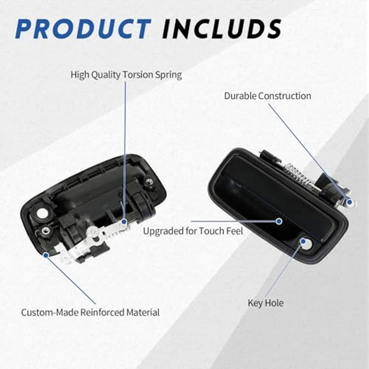 Black exterior door handle with torsion spring and reinforced inner housing parts