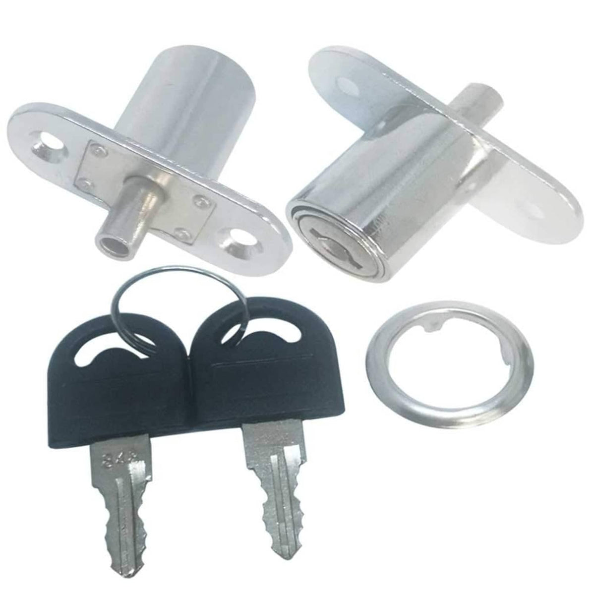 Sliding door push lock cylinder with mounting plates, ring and two keys