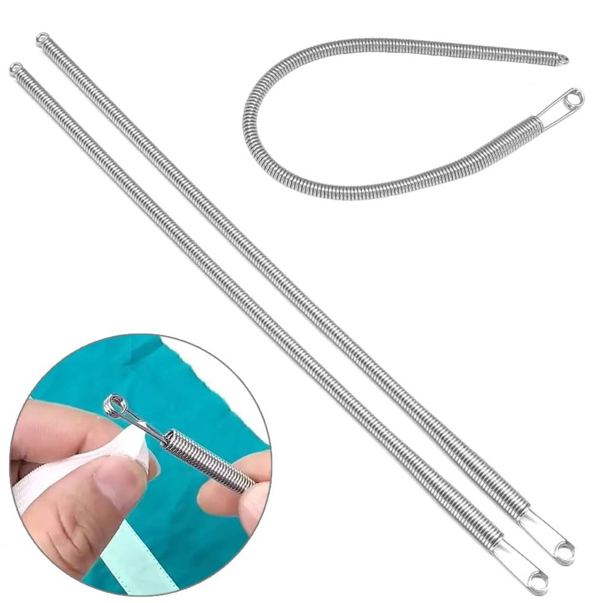 Silvery spring drawstring threader set with two straight springs and a curved spring