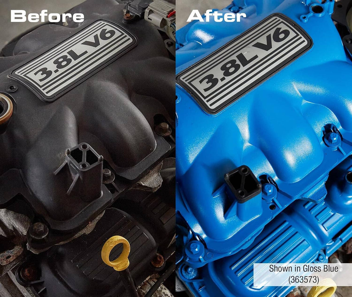 Engine valve cover before and after, showing 3.8L LV logo in blue finish
