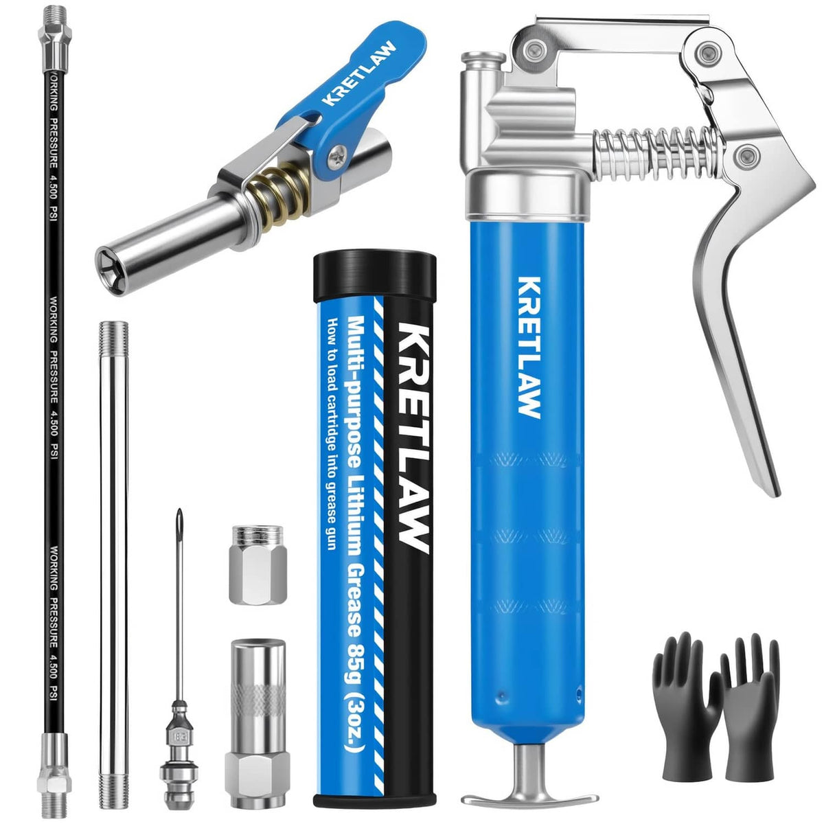 Blue mini grease gun kit with quick-release coupler and included accessories