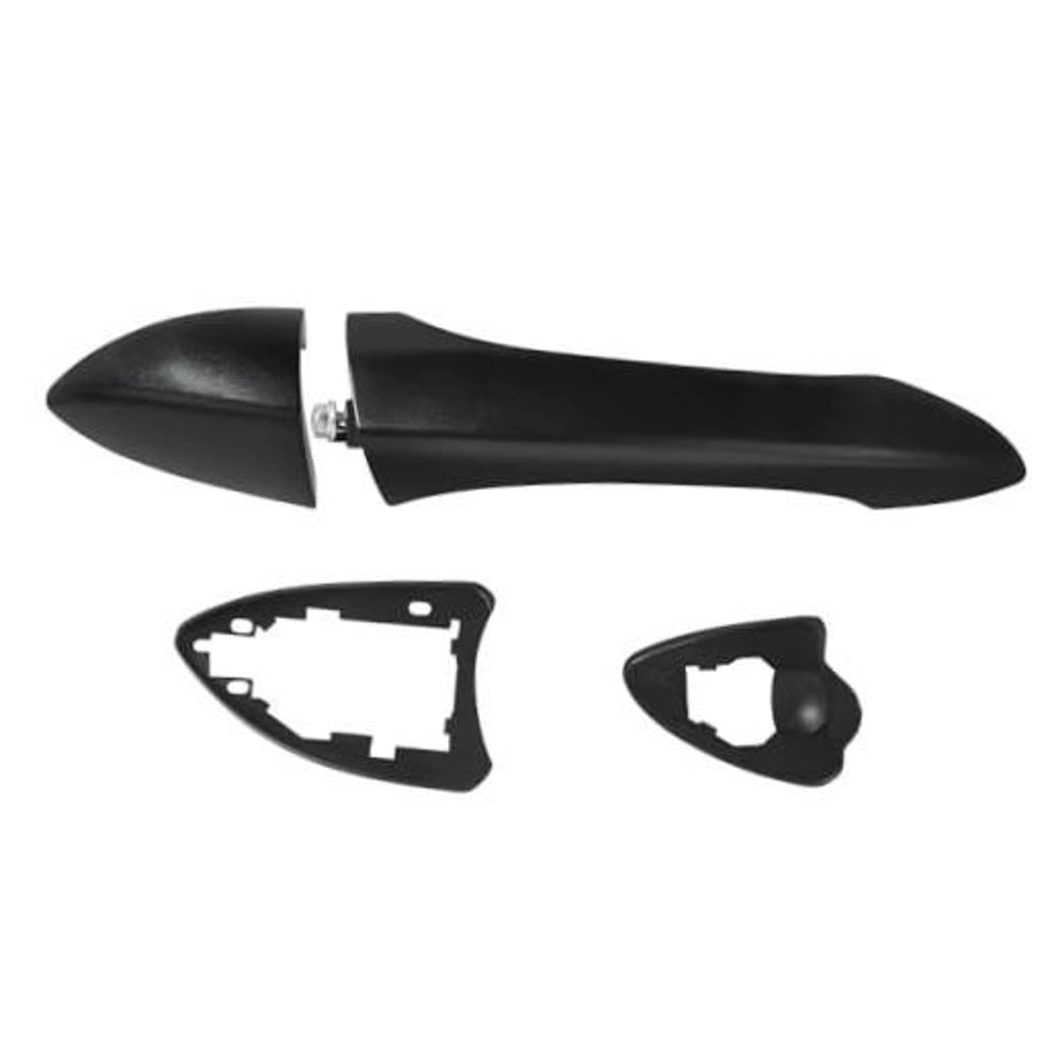 Textured black exterior door handle, passenger-side, with mounting and trim pieces