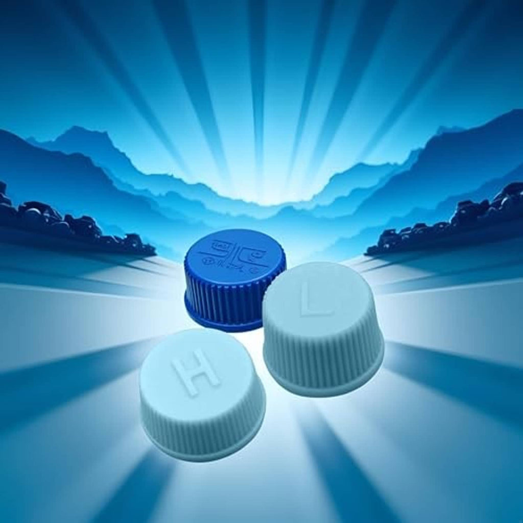 Set of three light blue A/C valve caps with ribbed sides and H markings