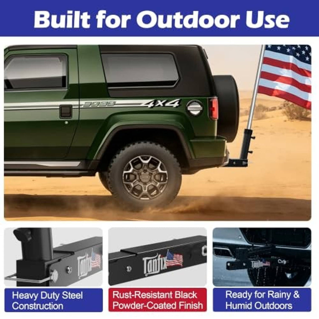 Black steel hitch mount flagpole holder with powder-coated finish for outdoor use