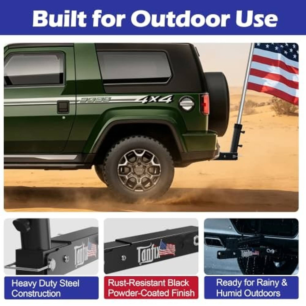Black steel hitch mount flagpole holder with powder-coated finish for outdoor use