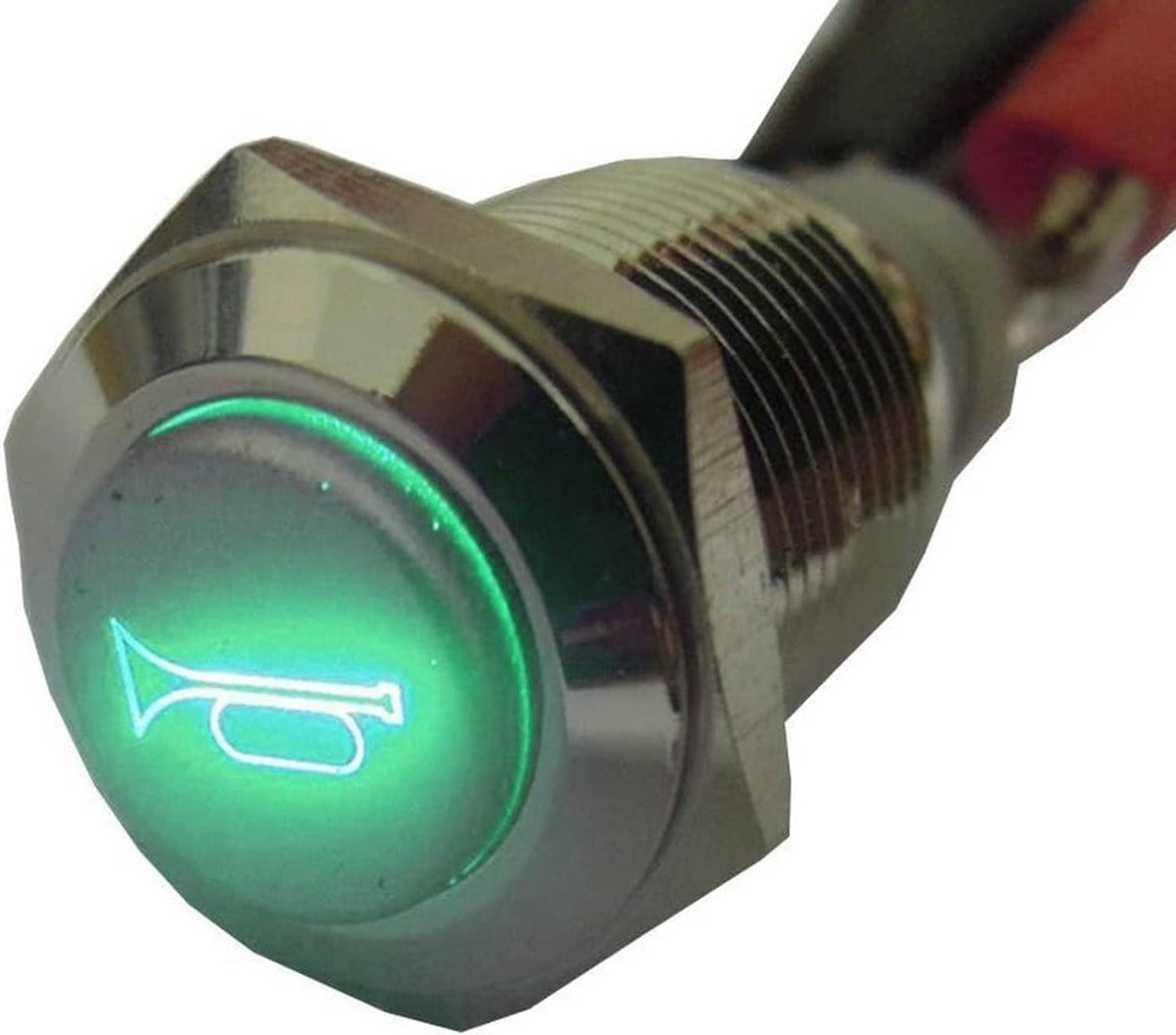 12V car LED horn push button switch front view with green illuminated horn icon