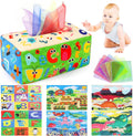 Colorful fabric crinkle tissue box toy with animal alphabet prints and soft scarves