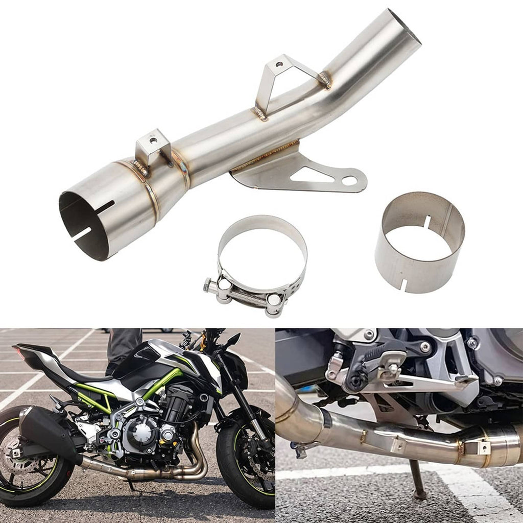Motorcycle exhaust mid link pipe assembly with stainless muffler, mounting brackets and clamps