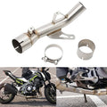 Motorcycle exhaust mid link pipe assembly with stainless muffler, mounting brackets and clamps