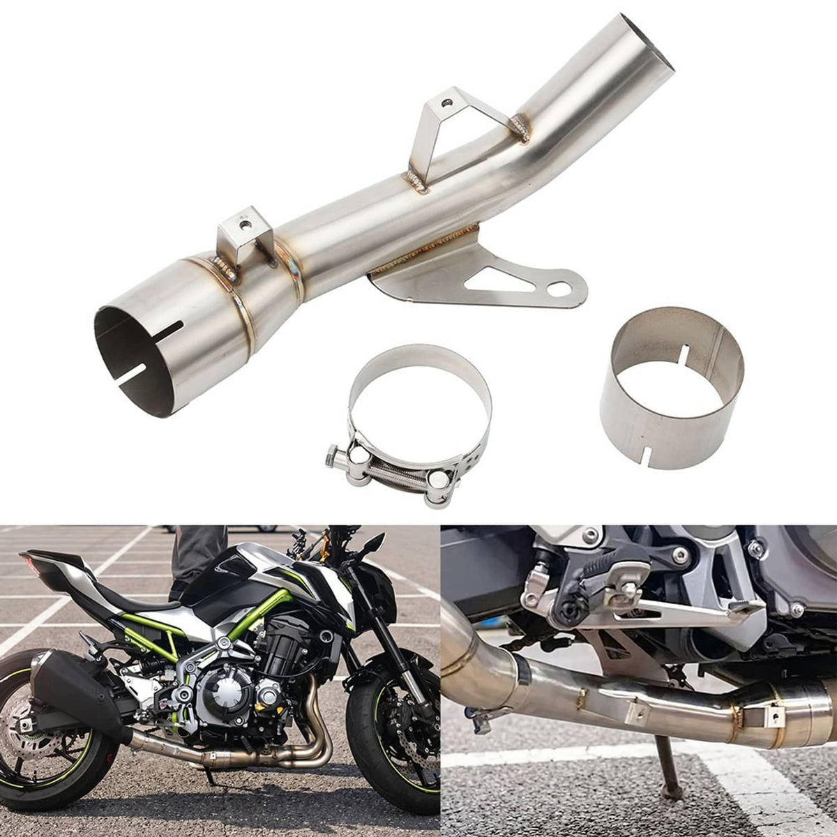 Motorcycle exhaust mid link pipe assembly with stainless muffler, mounting brackets and clamps