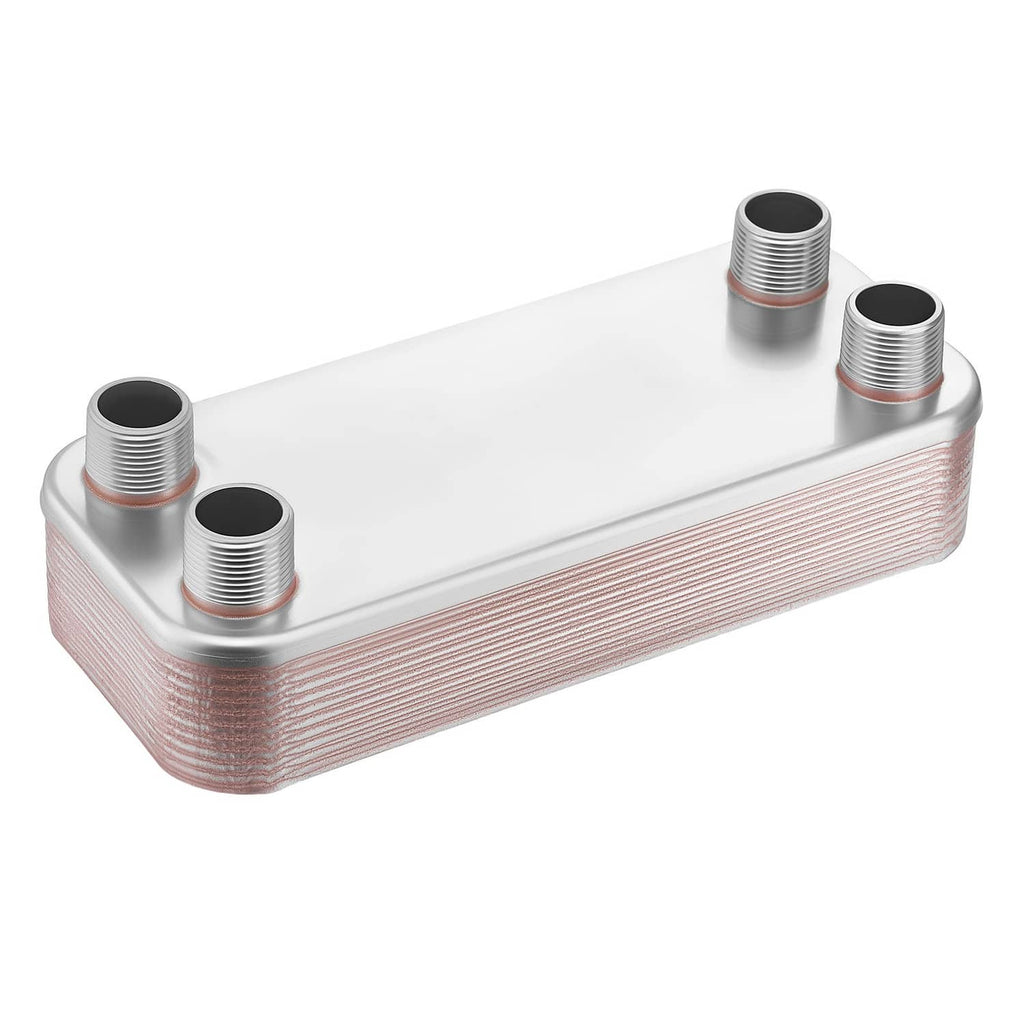 Brazed plate heat exchanger with copper-colored plate stack and four threaded ports