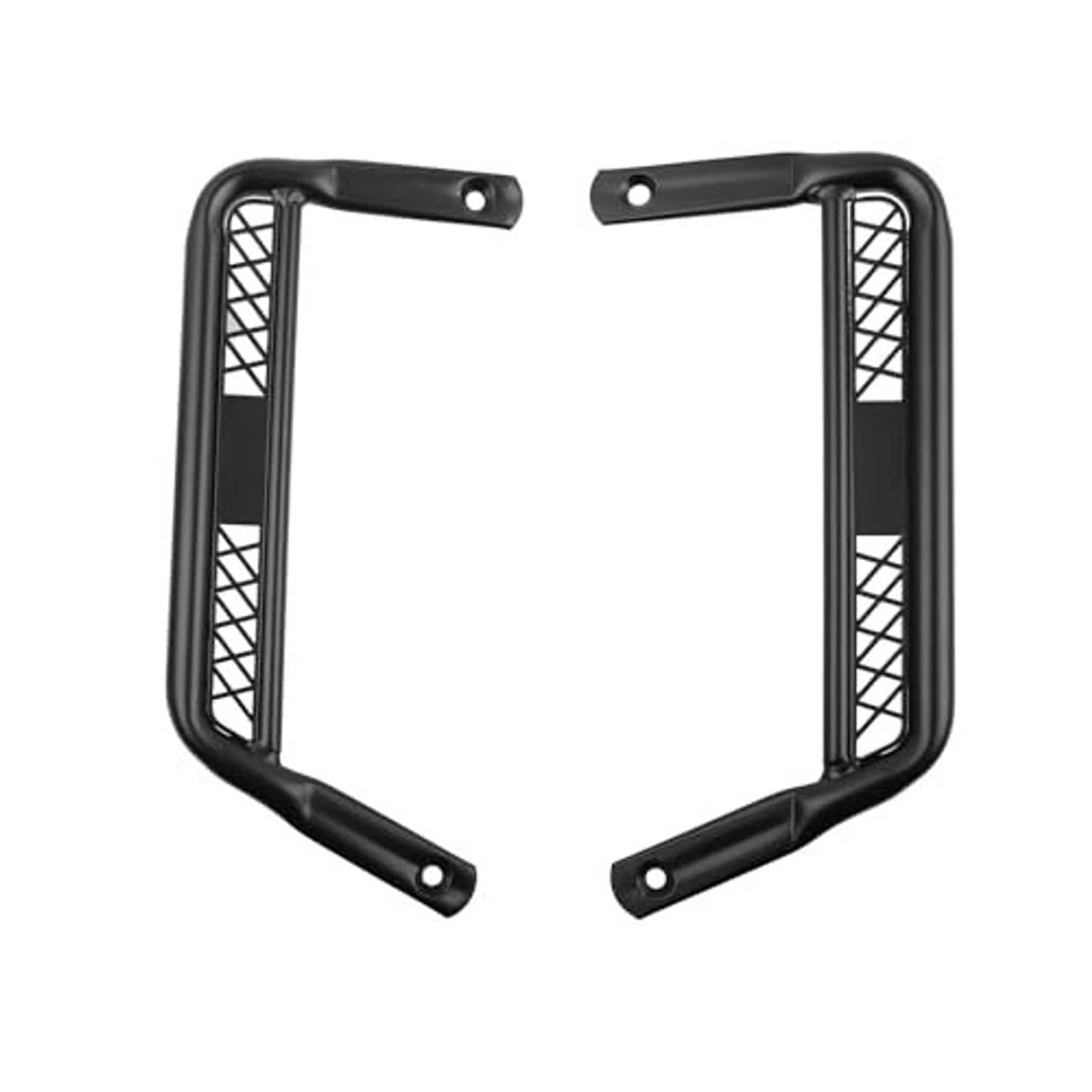 Motorcycle extended footpegs, black mesh side frames with four mounting points