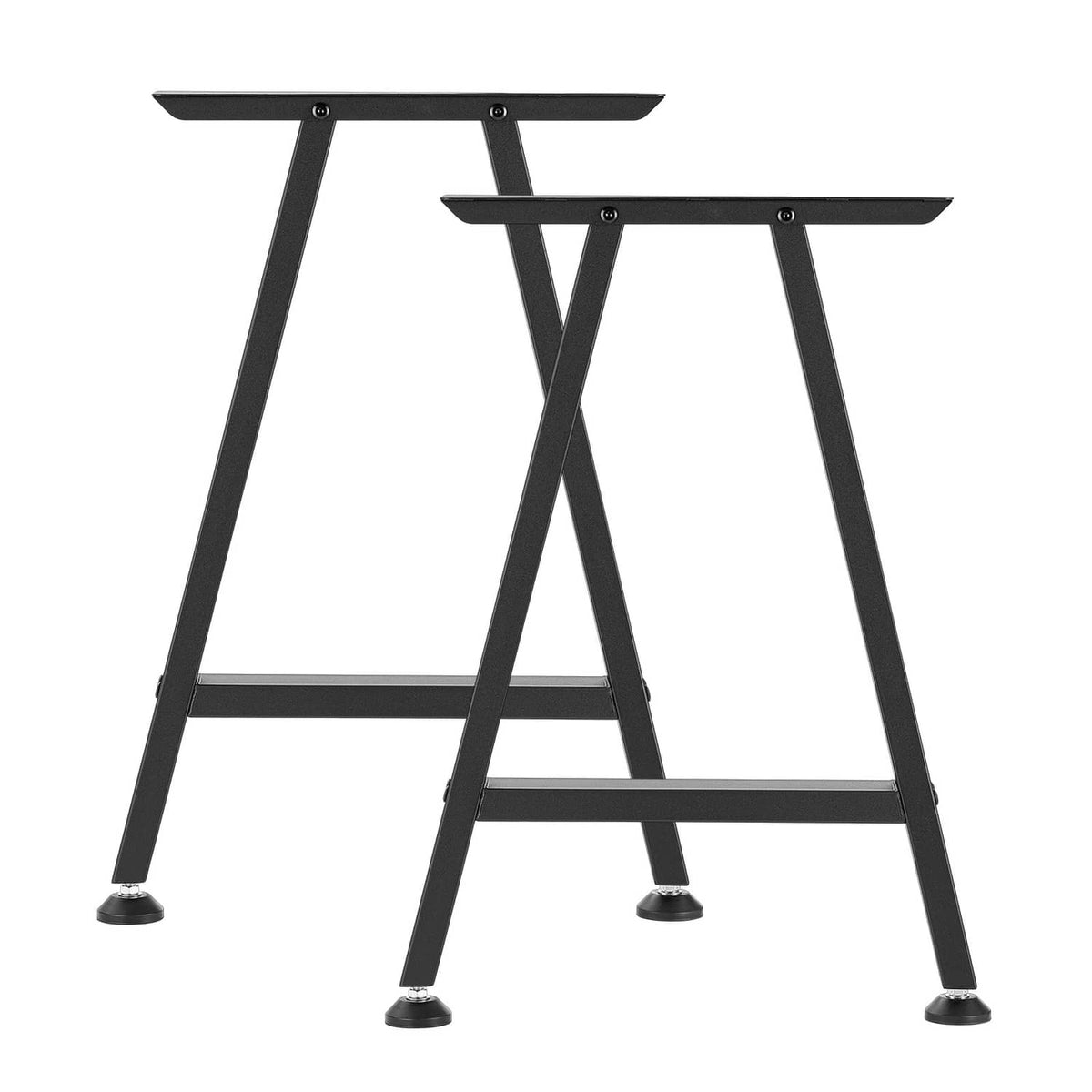Two black trapezoid table legs with flat top plates and rubber feet