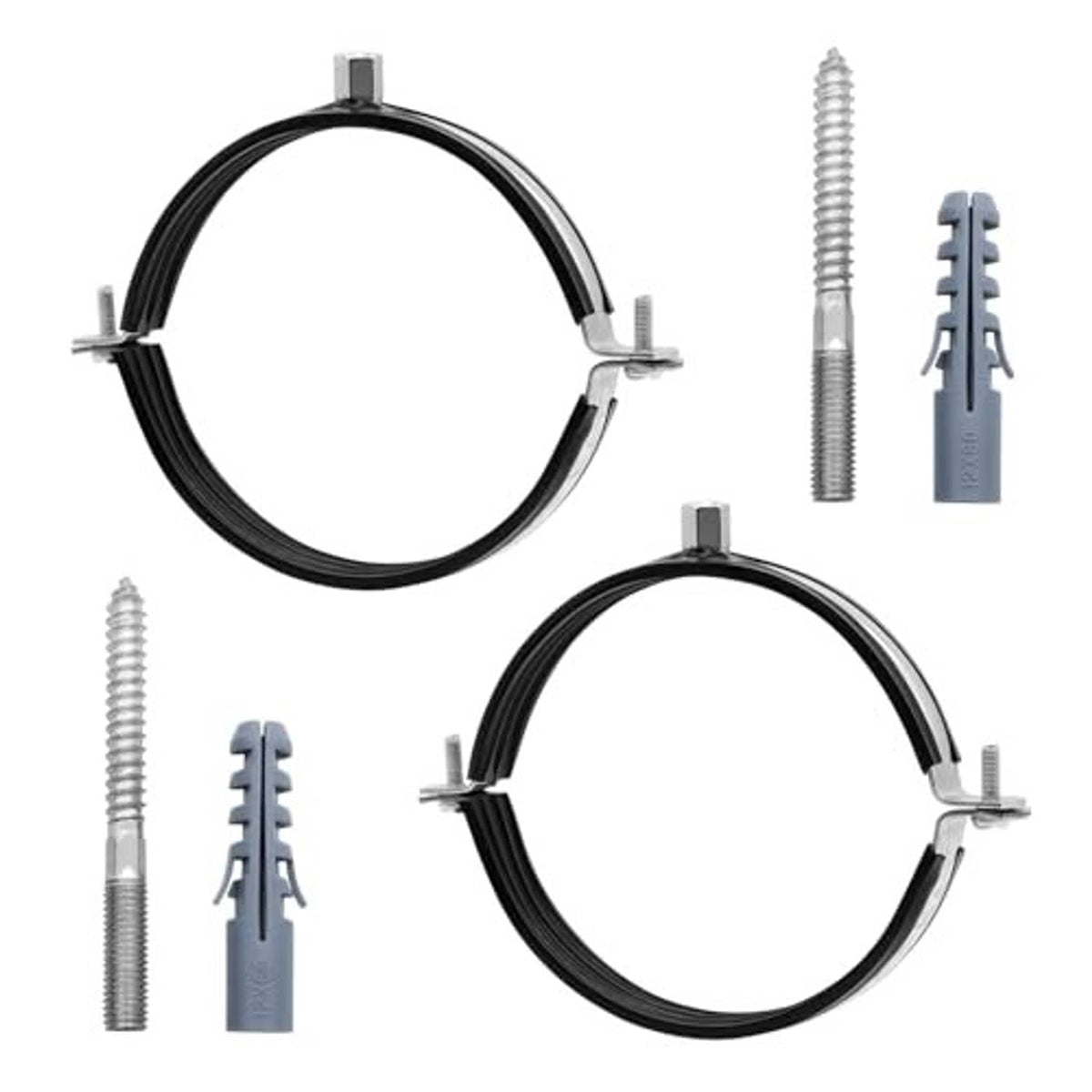 Two split-ring pipe clamps with black rubber lining and metal brackets with mounting bolts